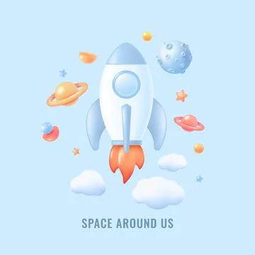 3d rocket. Business idea, start render, minimal fire up project, realistic fly Stock Illustration