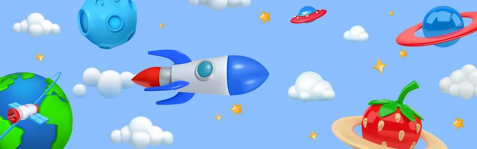 3D rocket. Cute space. Spaceship flight. Startup launch. Sky render shapes Stock Illustration
