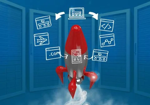 3D Rocket flying and computer screens drawings graphics Illustrazione stock