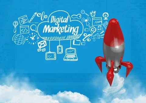 3D Rocket flying and Digital marketing text with drawings graphics Stock Illustration