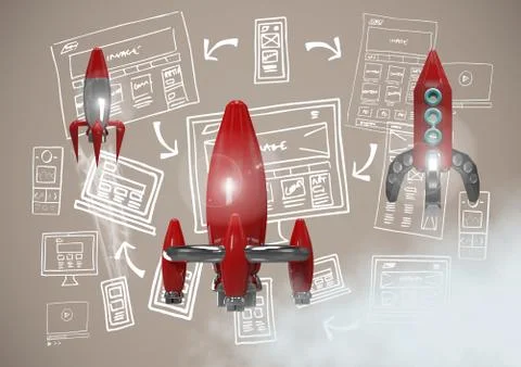 3D Rocket flying and image computer drawings graphics Illustrazione stock