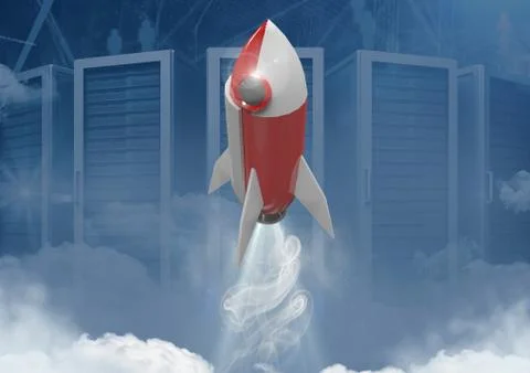3D Rocket flying in front of servers Stock Illustration