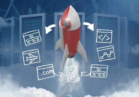 3D Rocket flying with screen computer drawings graphics Stock Photos