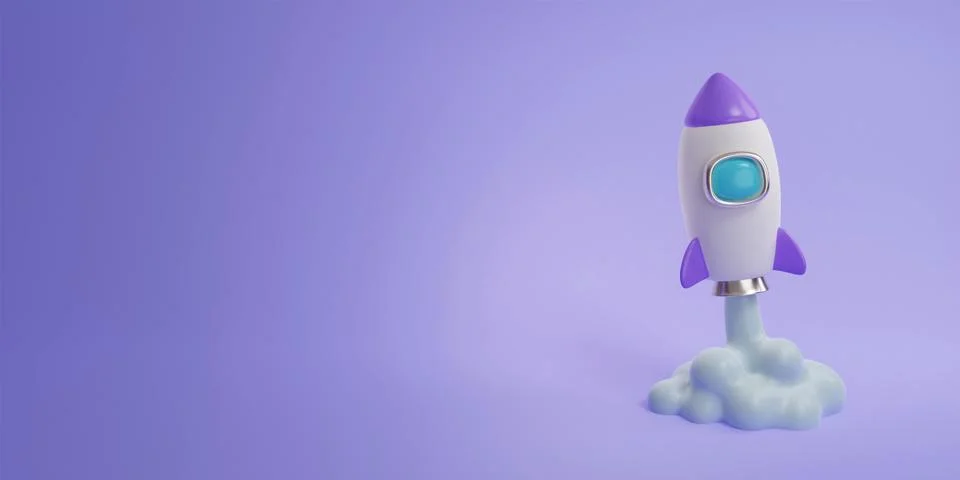 3d rocket flying in space. Spaceship rocket lunch on purple background. banner Stock Illustration