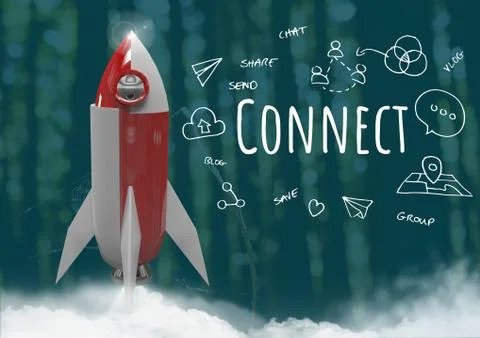 3D Rocket in forest with Connect text with drawings graphics Stock-Illustration