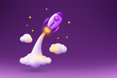 3d rocket launch. Space start, business startup idea web banner template, ship Stock Illustration