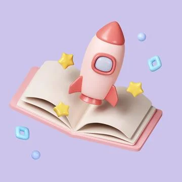 3D Rocket launch on top of a book background, Spaceship icon, education, and Stock Illustration
