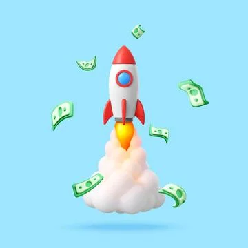 3D Rocket launching with floating money bills. Stock Illustration