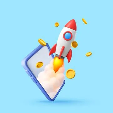 3d rocket launching from smartphone with gold coin Illustration