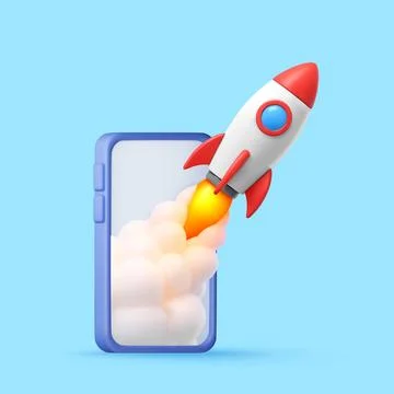 3D Rocket launching from a smartphone screen. Ilustración de archivo