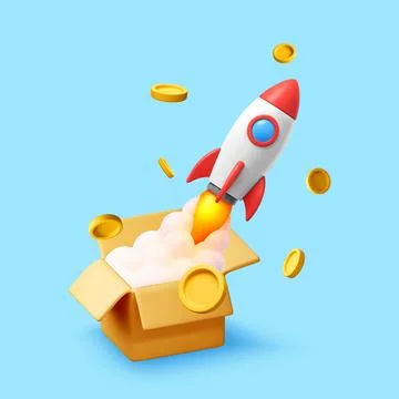 3D Rocket ship launching from box with coins Stock Illustration