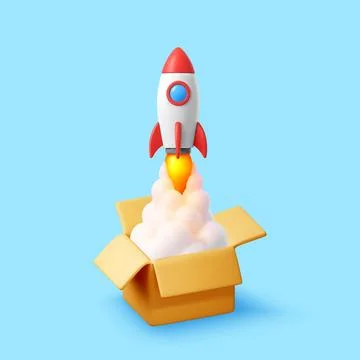 3D Rocket ship launching from cardboard box. Stock Illustration
