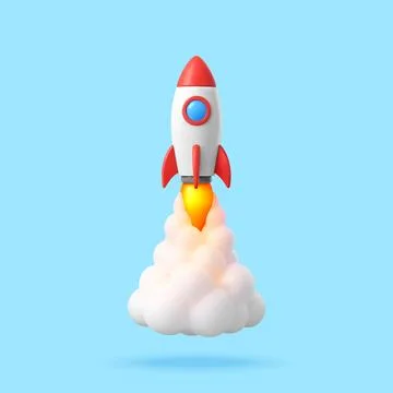 3D Rocket ship launching upward with smoke cloud. Stock Illustration