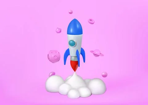 3d rocket. Space start elements, cute planets, spaceship launch in realistic Stock Illustration