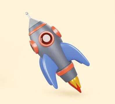 3d rocket, spaceship launch with fire. Space shuttle with metal body, blue fins Stock Illustration