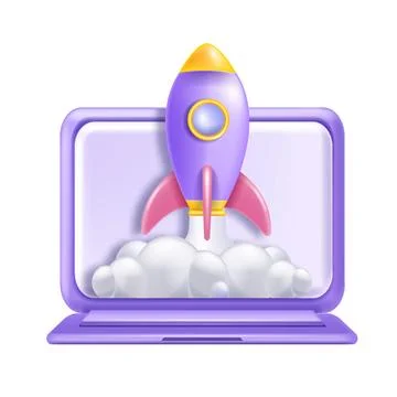 3D rocket startup, vector laptop screen business icon, business new project Stock Illustration