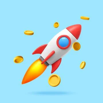 3D Rocket taking off with flying gold coins around Illustration