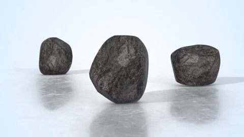 3D Rocks on a Light Reflective Floor. Dark Black Stones 3D Animation. 4K Stock Footage 296525355