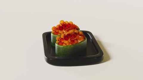 3d rolled sushi of salmon roe nigiri on rotating tray, japanese food isolat.. Stock Footage 264128609