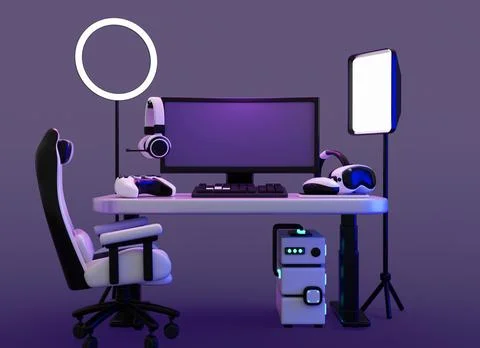 3d room interior with setup to play video game and stream at night. Neon dark Stock Illustration