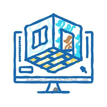 3d room modeling interior designer icon doodle illustration Stock Illustration