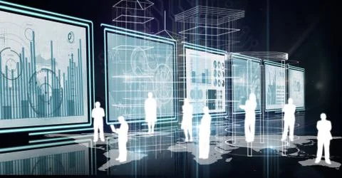 3d room with panels with graphs and people silhouettes Stock Illustration