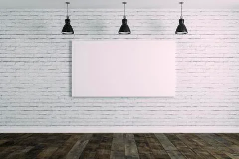 3d room with white brick wall and ceiling lamp Stock Illustration