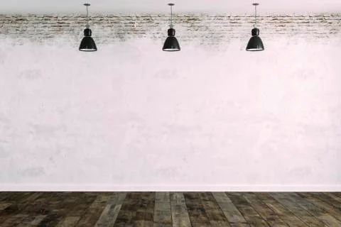 3d room with white brick wall and ceiling lamp Stock Illustration