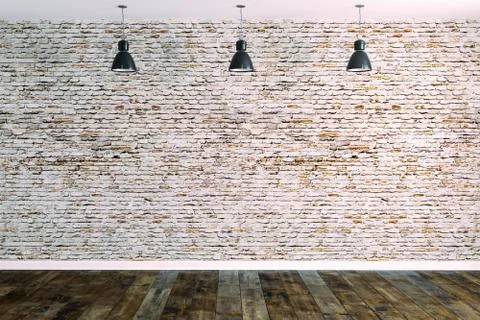 3d room with white brick wall and ceiling lamp Stock Illustration