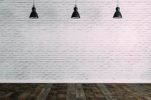 3d room with white brick wall and ceiling lamp Stock Illustration