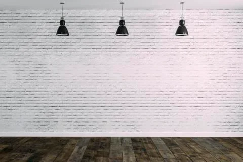 3d room with white brick wall and ceiling lamp Stock Illustration