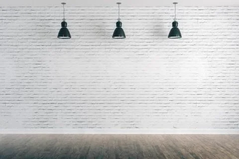 3d room with white brick wall and ceiling lamp Stock Illustration