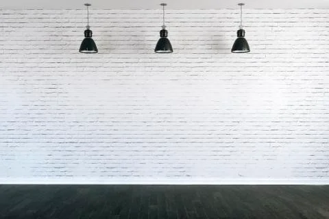 3d room with white brick wall and ceiling lamp Stock Illustration