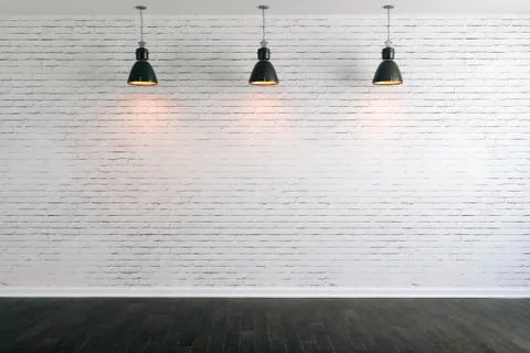 3d room with white brick wall and ceiling lamp Illustrazione stock