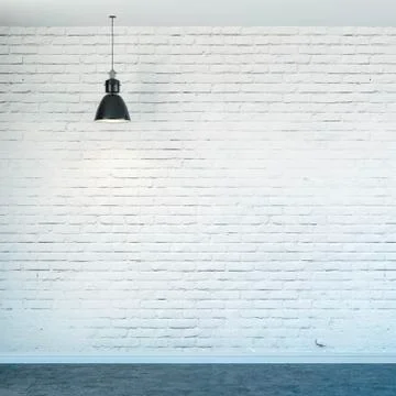 3d room with white brick wall and ceiling lamp Ilustración de archivo
