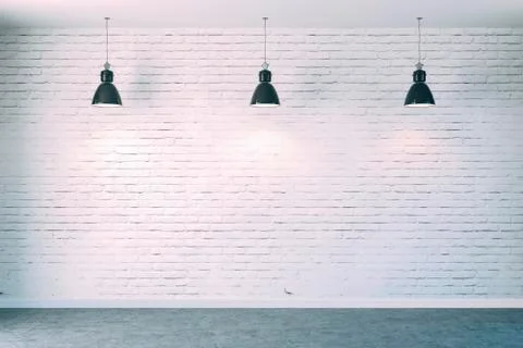 3d room with white brick wall and ceiling lamp Stock Illustration
