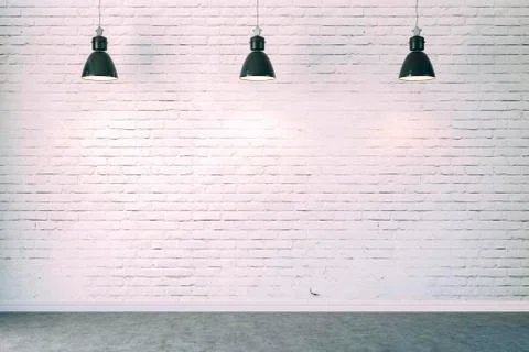 3d room with white brick wall and ceiling lamp Stock Illustration