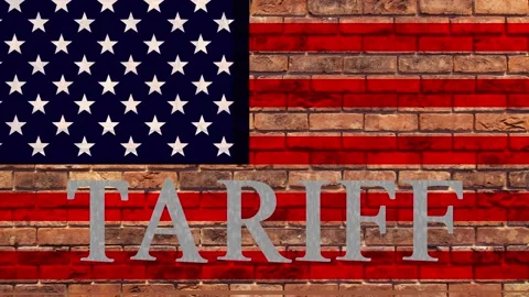3D Rotating Concrete "TARIFF" Text Rising Over Painted American Flag Wall Stock Footage 331123024