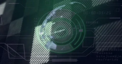 3D rotating digital globe spinning in interface, featuring neon green HUD rings Stock Footage 328928399