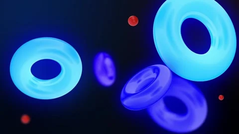 3D rotating glowing neon torus with pixel waves on surface on black background. Stock Footage 261941214