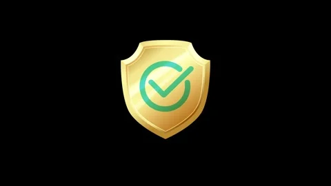 3D rotating gold shield. Green Check notification. Clear Stock Footage 327586165