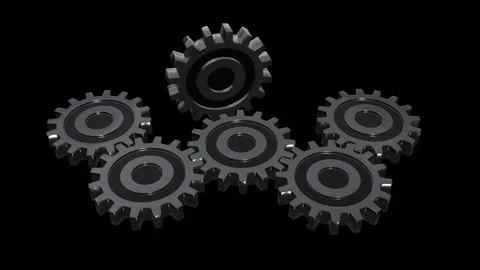 3D Rotating Metallic Gears and Cogs Animation on Black Background Video stock 343581553