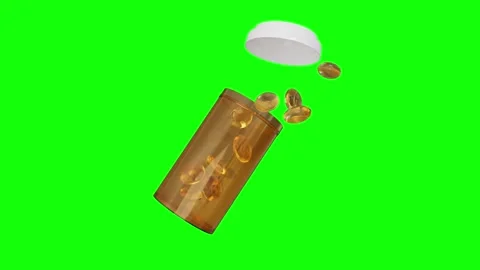 3D rotating pill bottle with floating golden omega 3 softgel capsules, loop Stock Footage 341133251