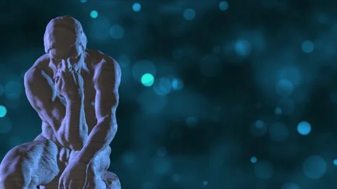 3D Rotating The Thinker Statue on Blue Bokeh Lights Background. Stock Footage 194805711