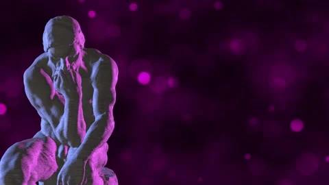 3D Rotating The Thinker Statue on Purpe Bokeh Lights Background. NFT Cryptoart. Stock Footage 194805918