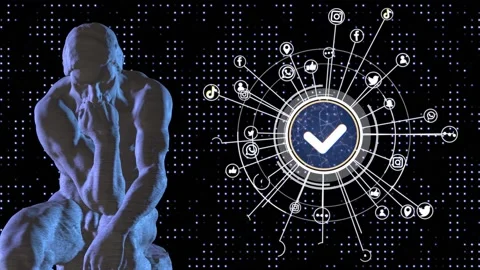 3D Rotating The Thinker Statue on Social Media Network Connection Background. Video stock 194805520