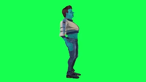 3d rough blue animated man drinking alcohol from left angle on green screen 3D Stockbeeldmateriaal 247813934