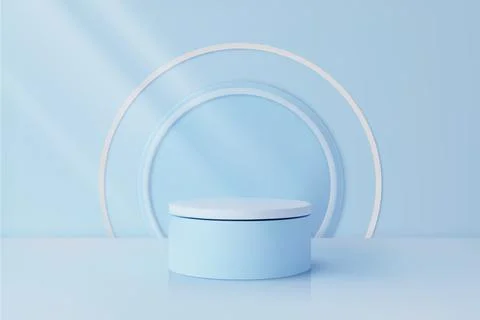 3D round empty podium, pastel blue, with arches on the base and light beams. Illustrazione stock