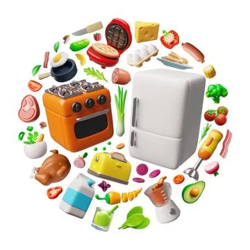 A 3D round frame with kitchen appliances and fresh produce, vegetables, fruits Stock Illustration
