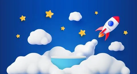 3D round kids podium vector stage with rocket Stock Illustration